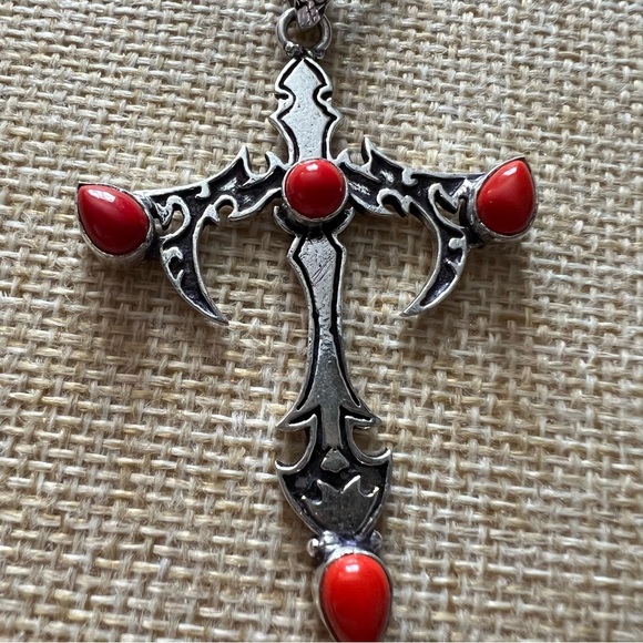 New Gothic Style Silver Overlay and Coral Cross Pendant Necklace - Picture 4 of 7
